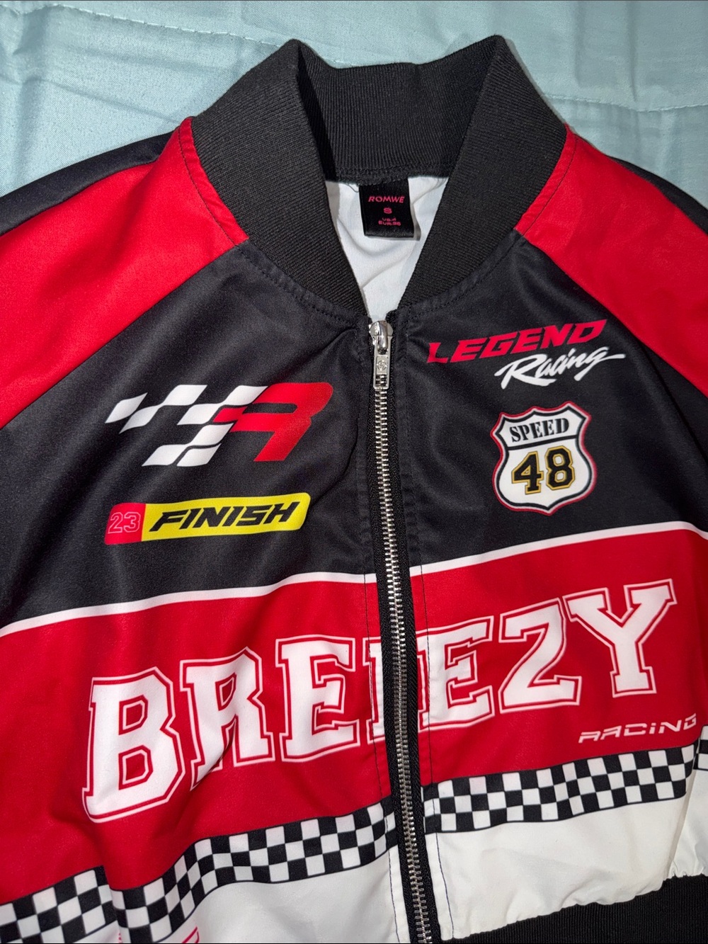 Cropped Racing Bomber Jacket - Red & Black - Picture 2 of 4